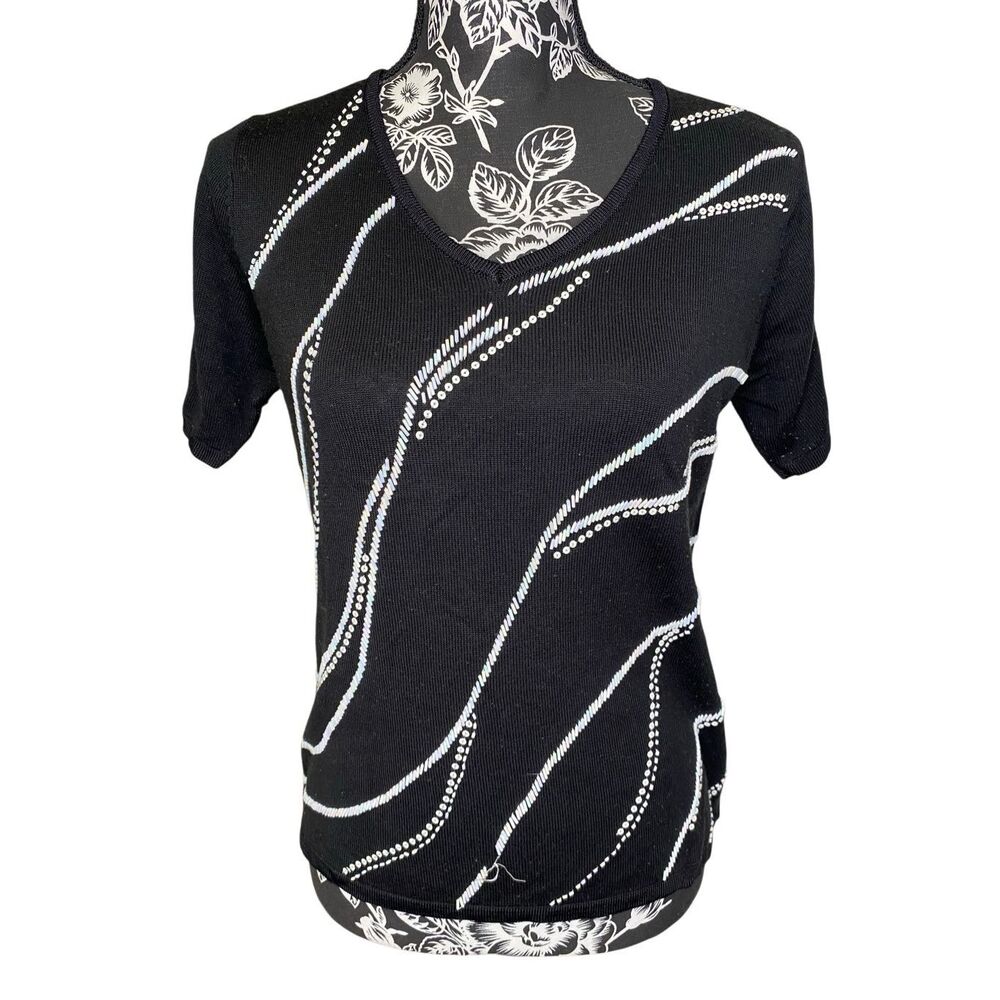 Flawed Jenny Beaded Sequin Knit Top Abstract Pattern Short Sleeve Sweater Casual